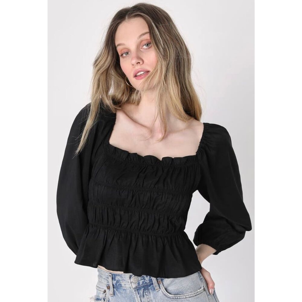 Lulus Flirty Reveal Black Smocked Puff Sleeve Lace-Up Crop Top - Picture 2 of 4